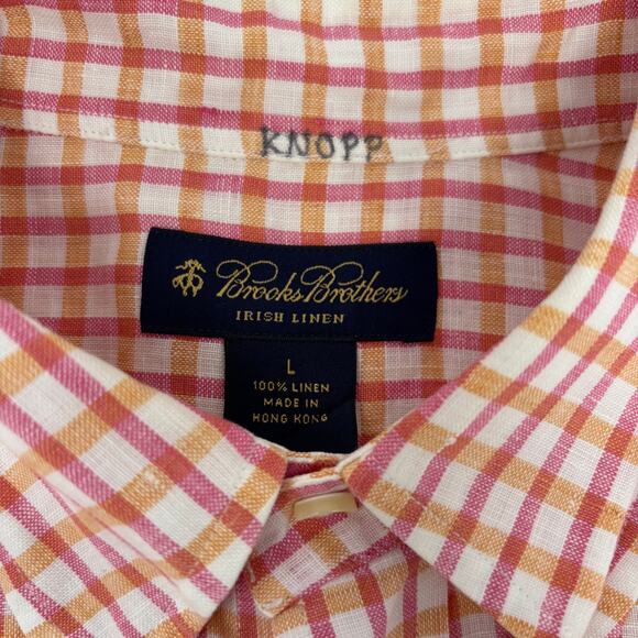 Brooks Brothers Large Orange Red Plaid 100% Linen Short Sleeve Button Down Shirt - Picture 2 of 5